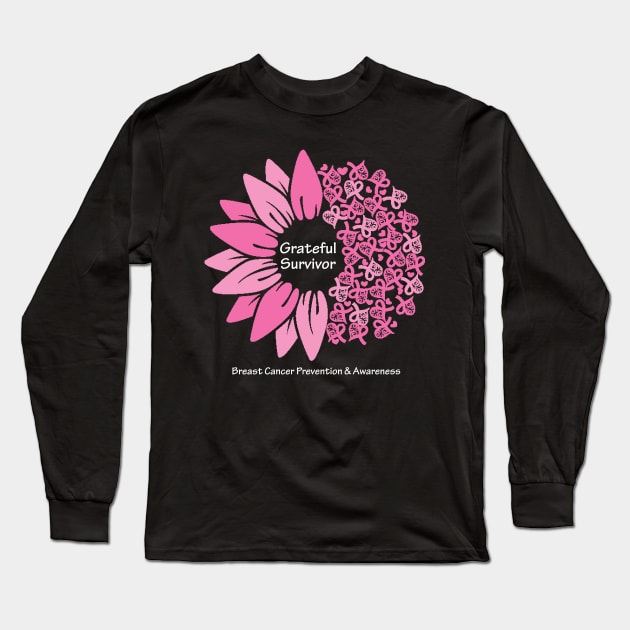 Breast cancer survivor with flower, hearts, ribbons & white type Long Sleeve T-Shirt by Just Winging It Designs